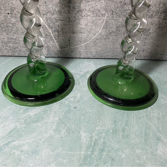 Vintage barley twist glass candlestick holders SET green and black detail MCM - Picture 2 of 5